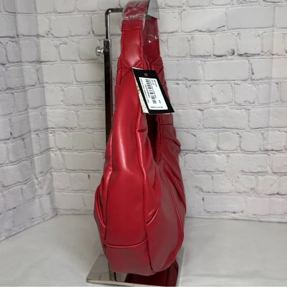 Badgley Mischka Red Vegan Leather Crescent Pleats Shoulder Bag - Picture 7 of 8